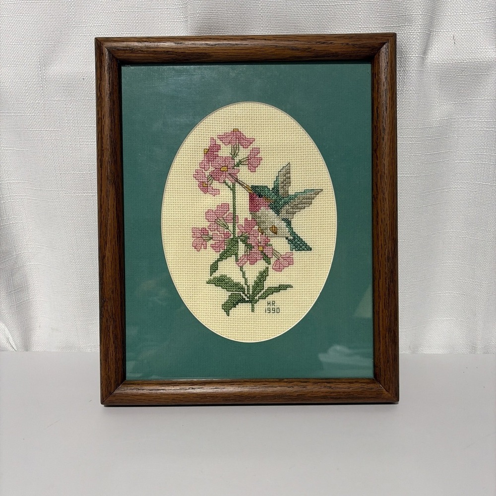 Vintage Framed Hummingbird Flowers Cross Stitch Pink Green 9x11 Grandmacore 1990